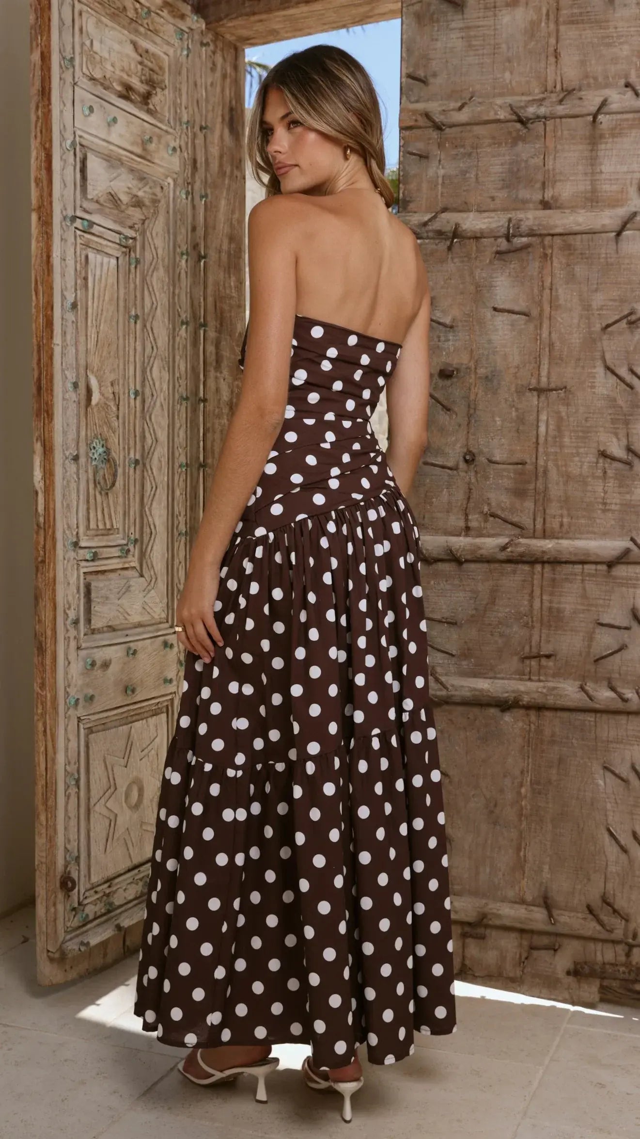 Lyra Maxi Dress - Brown/White Polka Dot