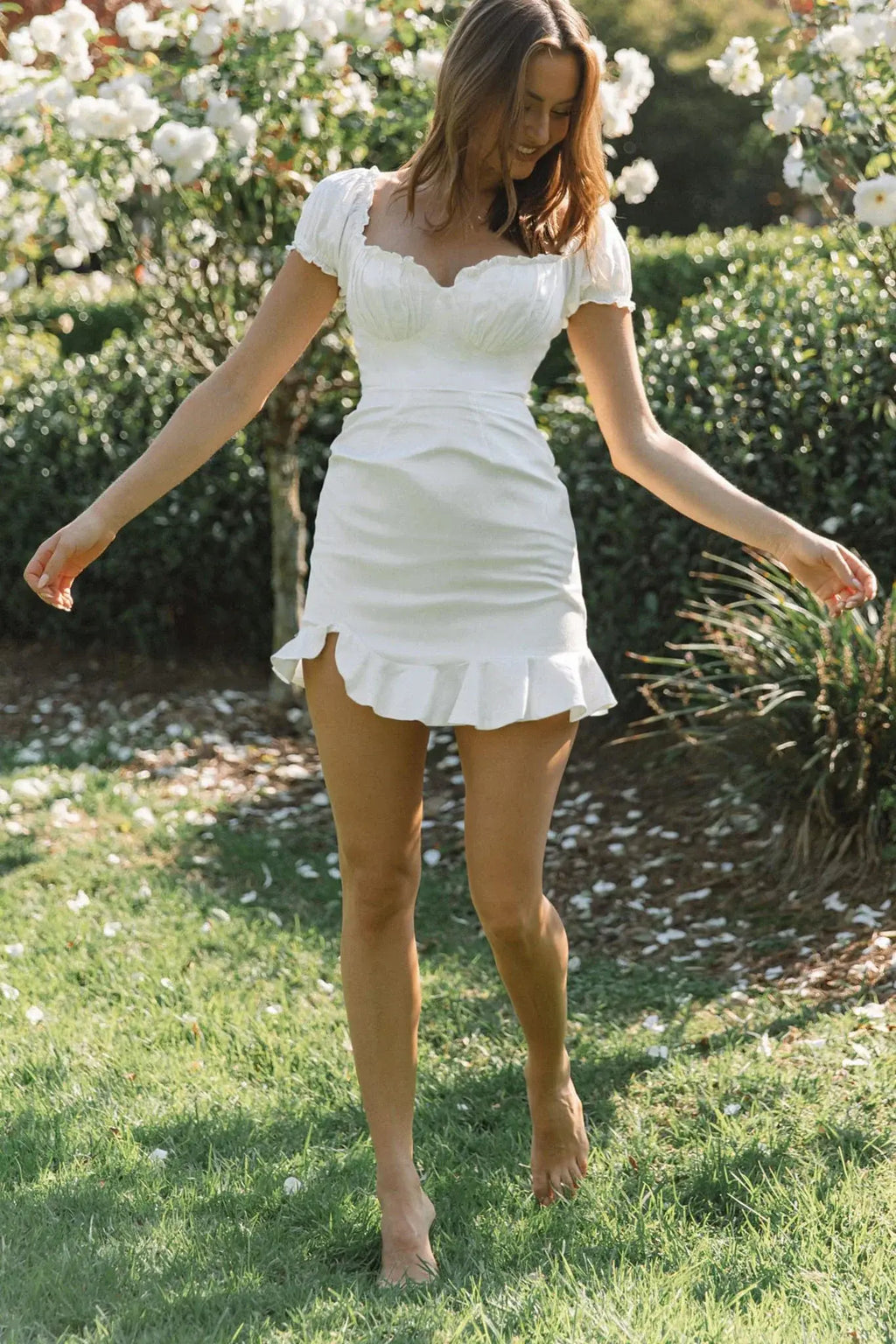 Heaven Sent Ruched Bust Puff Sleeve Dress White