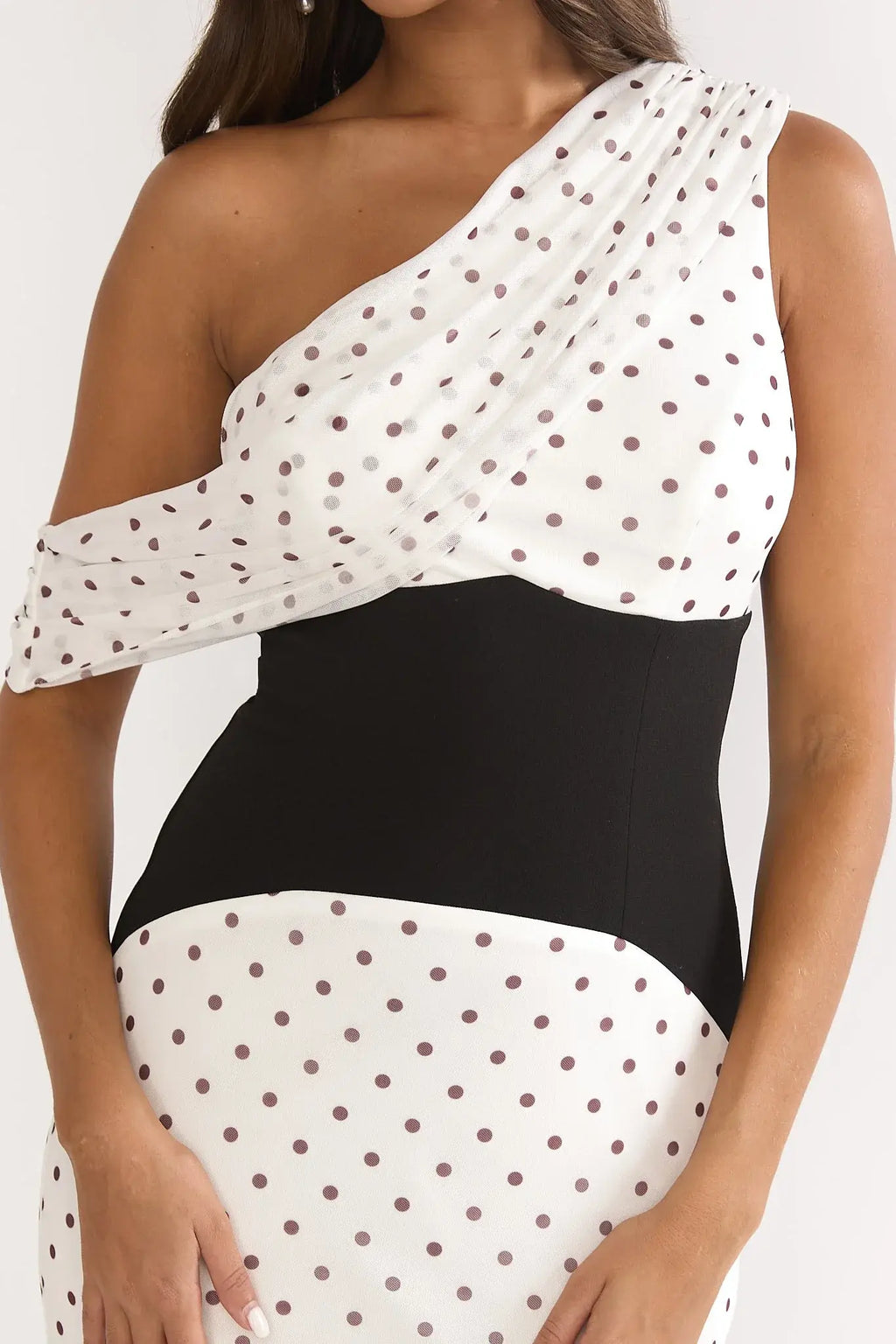 Milos Asymmetric Neckline Maxi Dress Polka Dot Brown