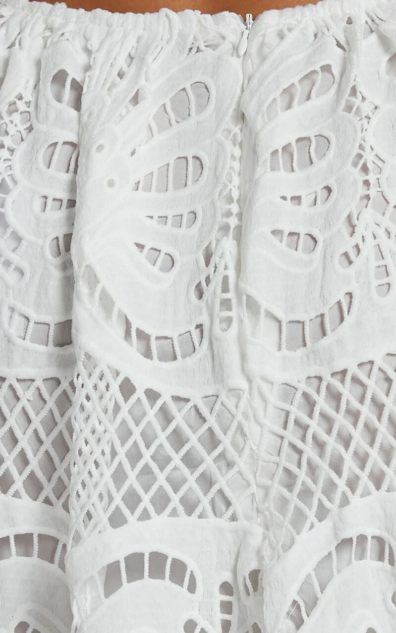 Anieshaya Midi Dress - V Neck Cut Out Lace Dress In White