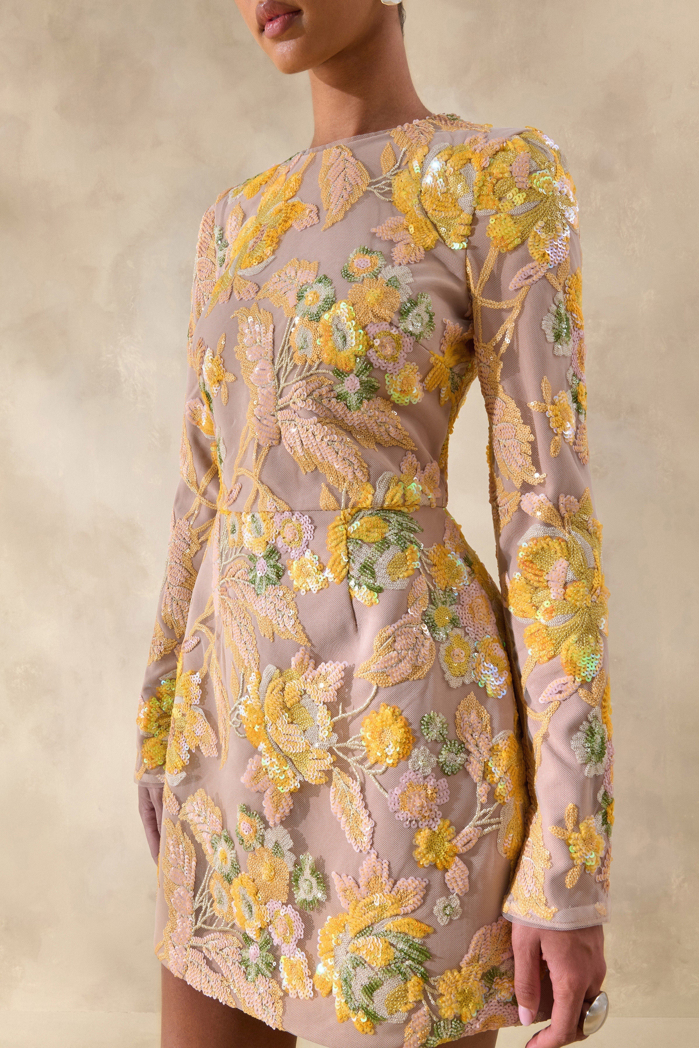Merdia | Yellow Embellished Floral Crew-Neck Mini Dress