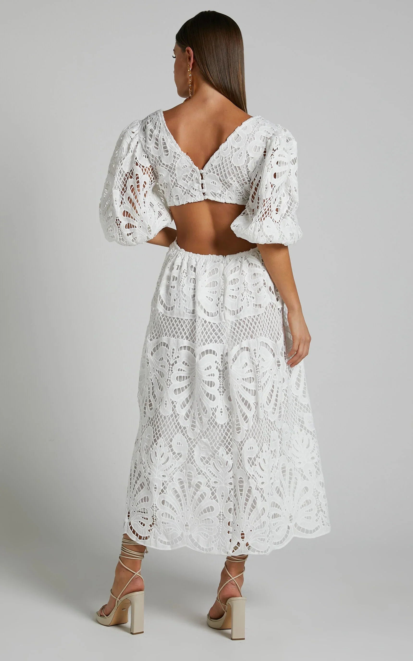 Anieshaya Midi Dress - V Neck Cut Out Lace Dress In White