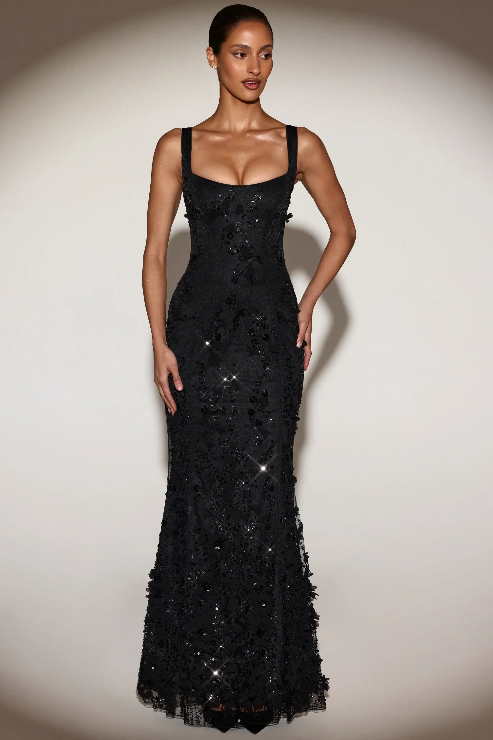 Embellished Appliqué Soft-Scoop Corset Gown In Black