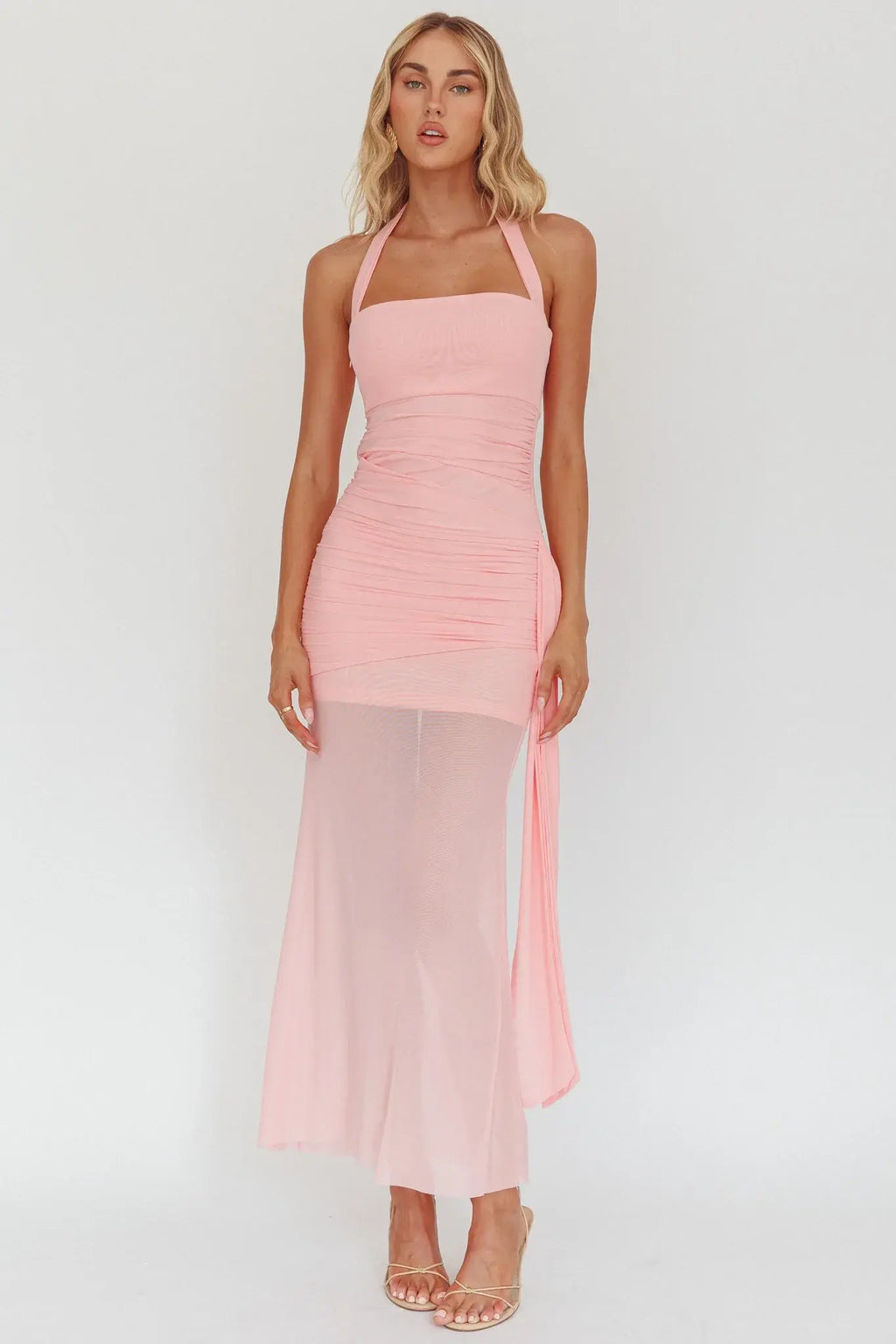 Rebekkah Halterneck Side Sash Maxi Dress Pink