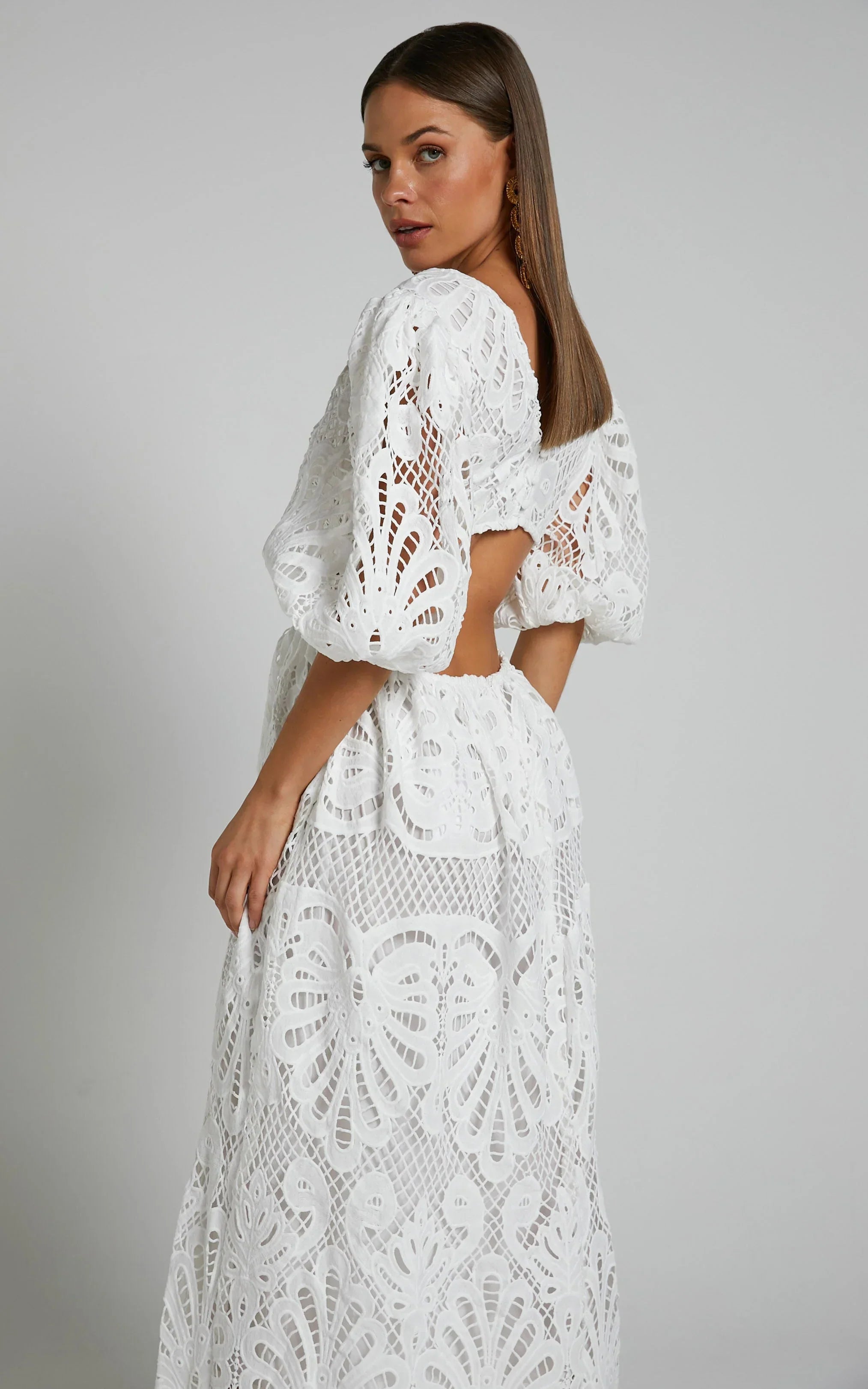 Anieshaya Midi Dress - V Neck Cut Out Lace Dress In White