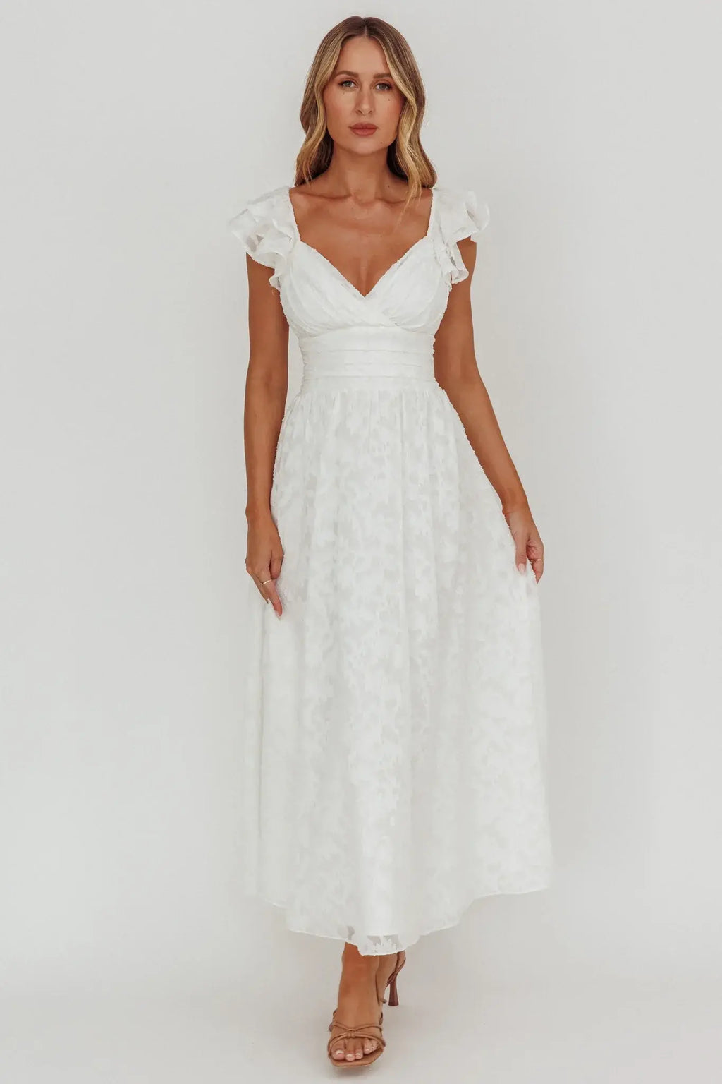 Lola Ruffle Shoulder Maxi Dress Textured White
