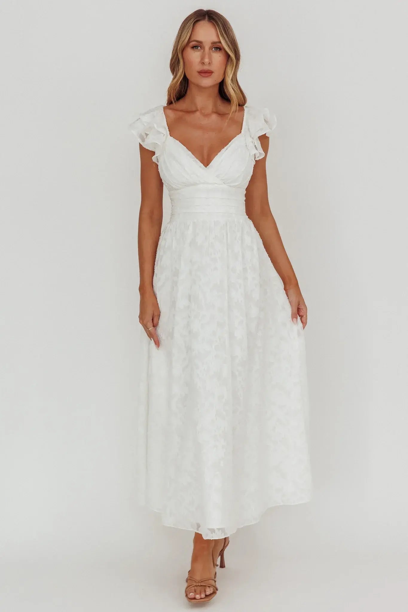 Lola Ruffle Shoulder Maxi Dress Textured White