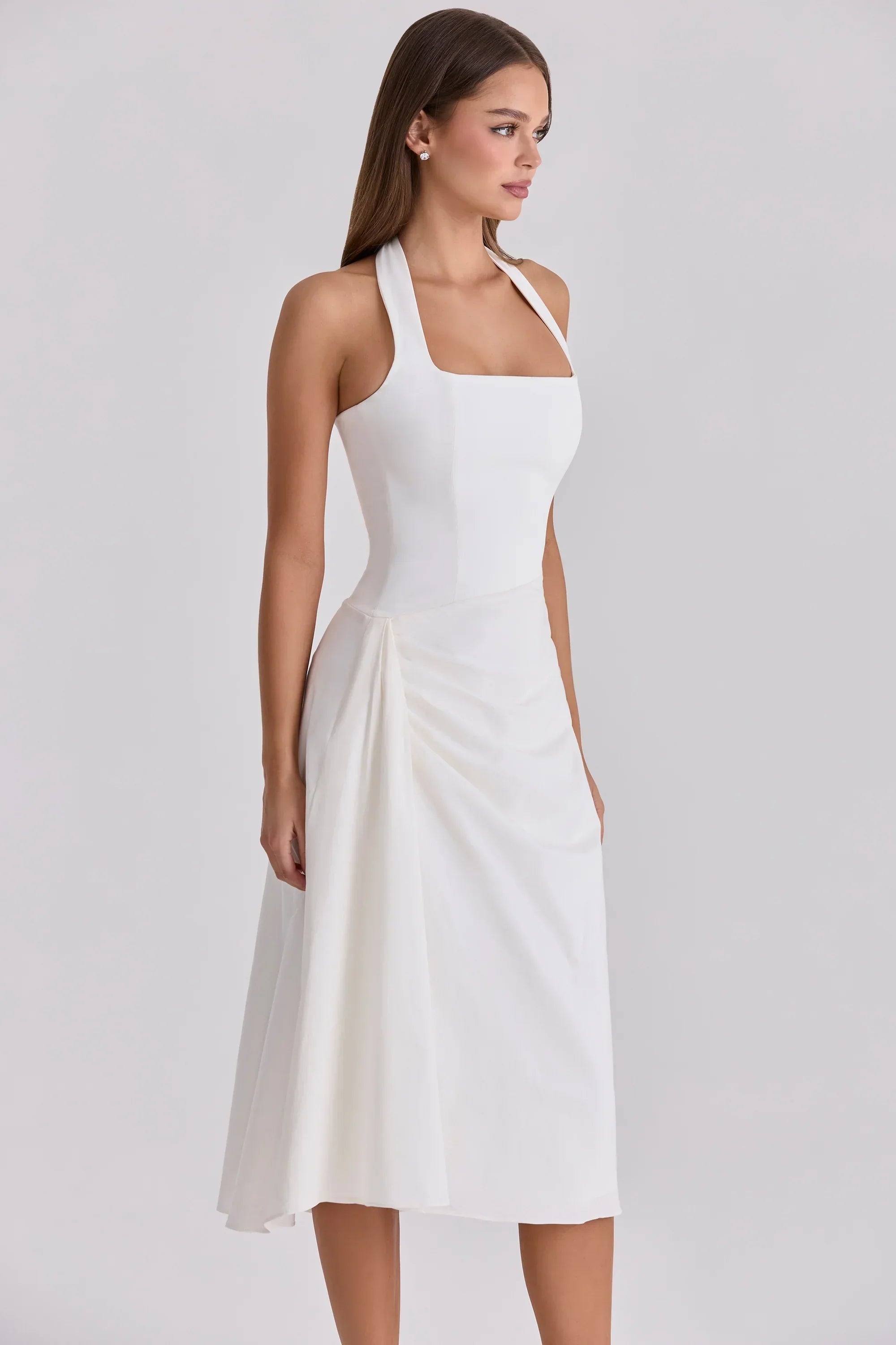 White Halter Neck Cotton Midi Dress