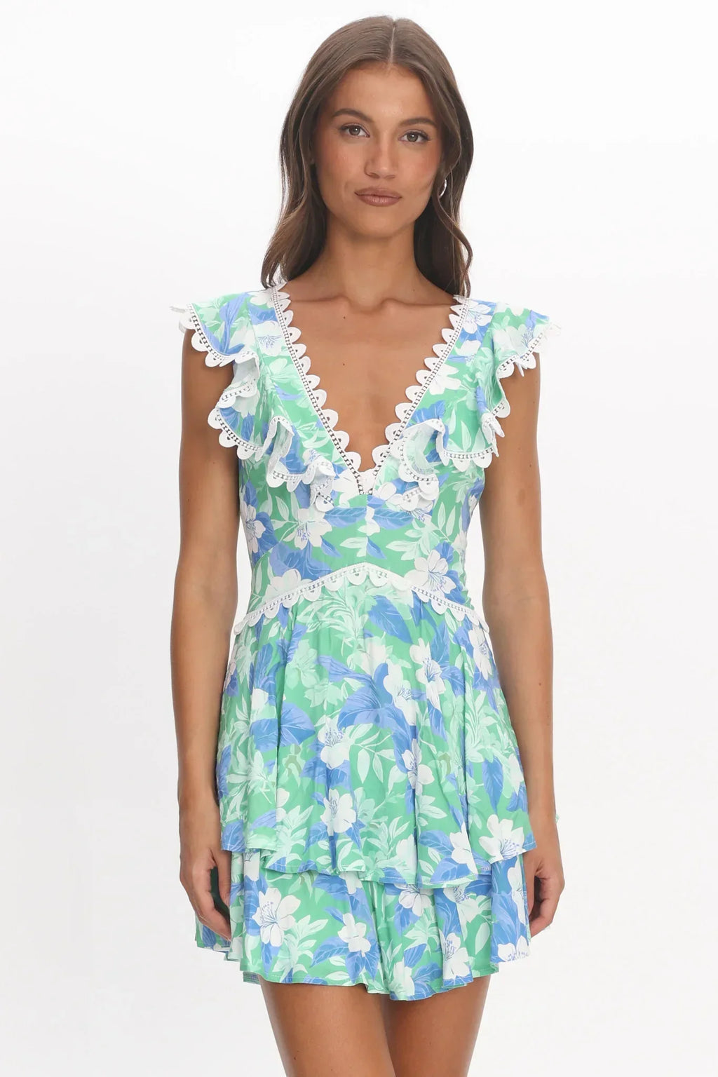 Charade Ruffle Shoulder Corset Back Dress Floral Green