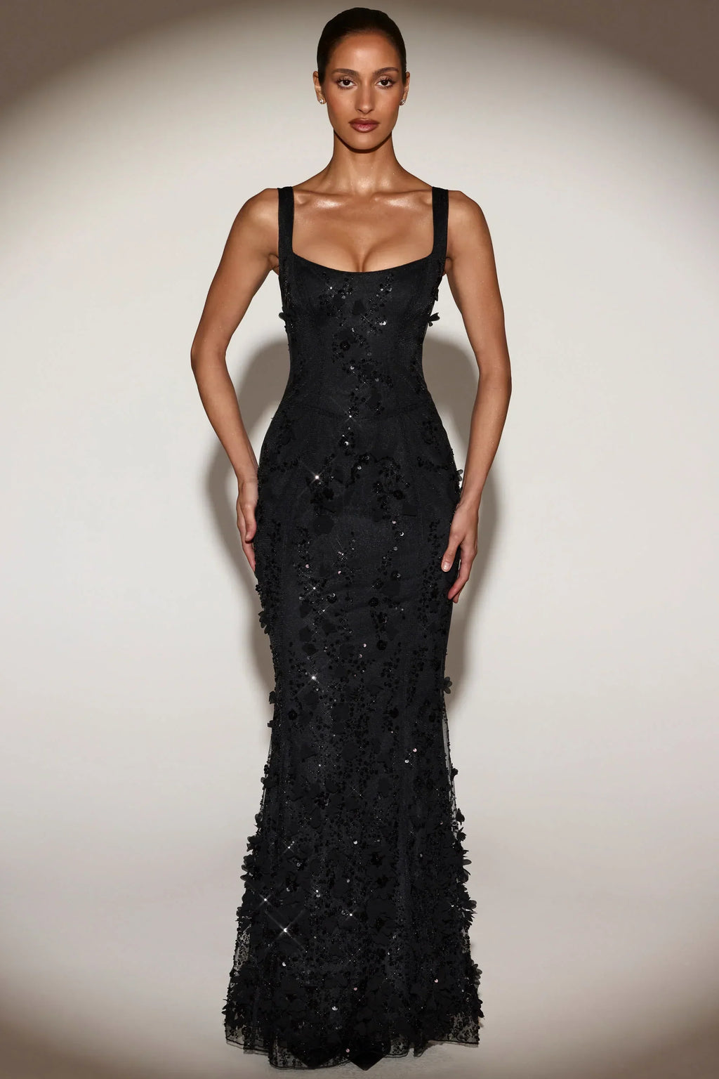Embellished Appliqué Soft-Scoop Corset Gown In Black