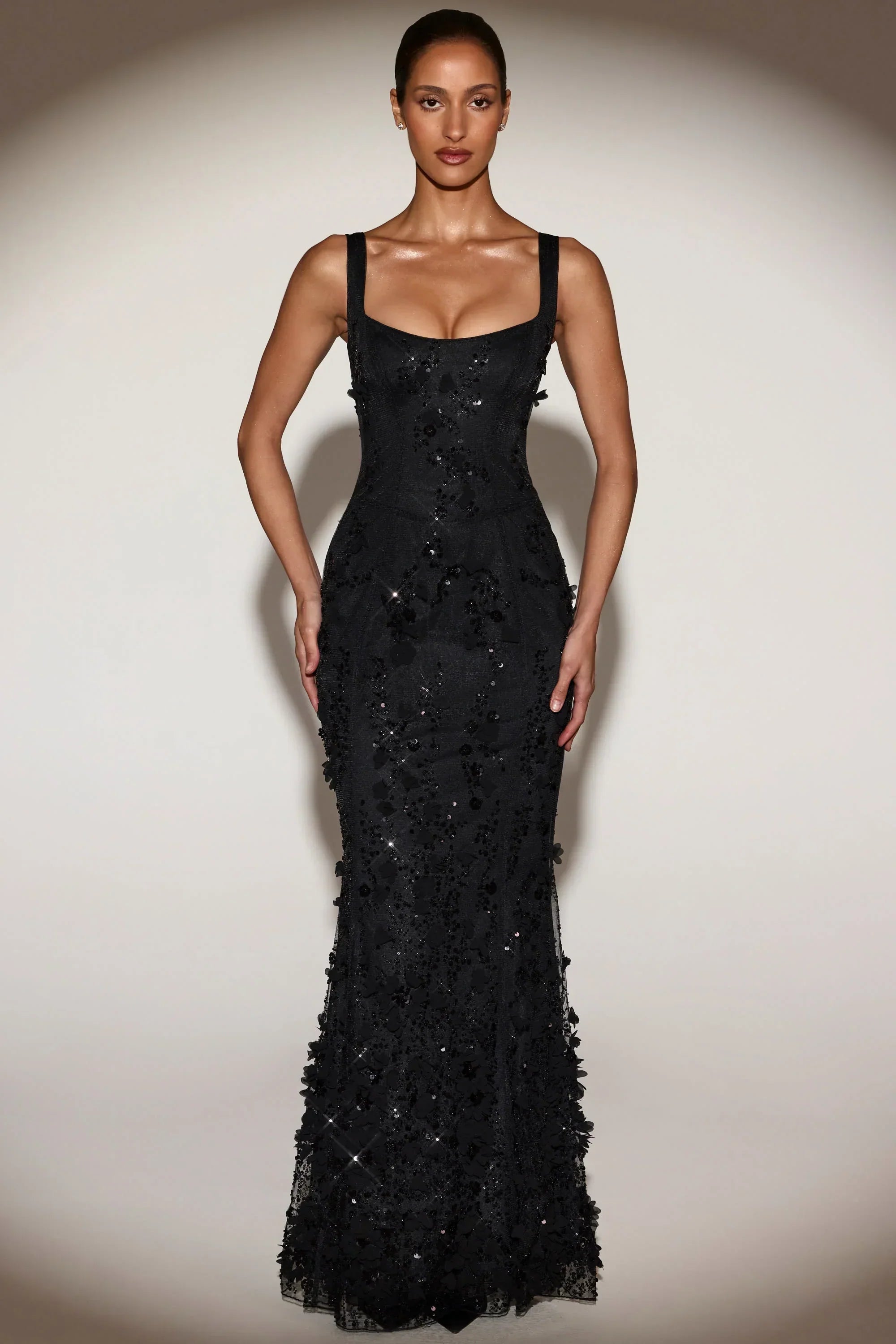 Embellished Appliqué Soft-Scoop Corset Gown In Black