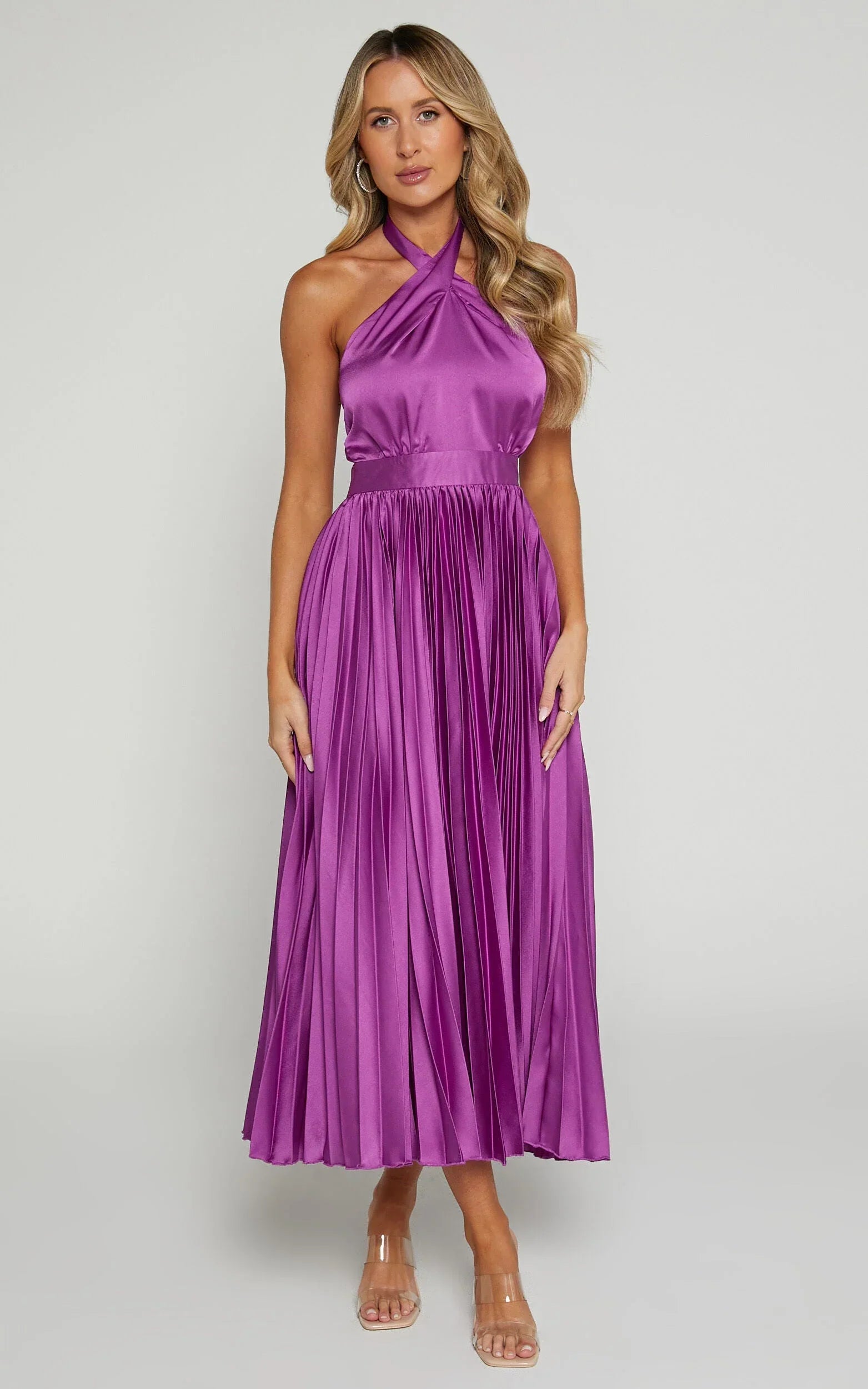 Eloise Midi Dress - Halter Neck Pleated Dress In Grape