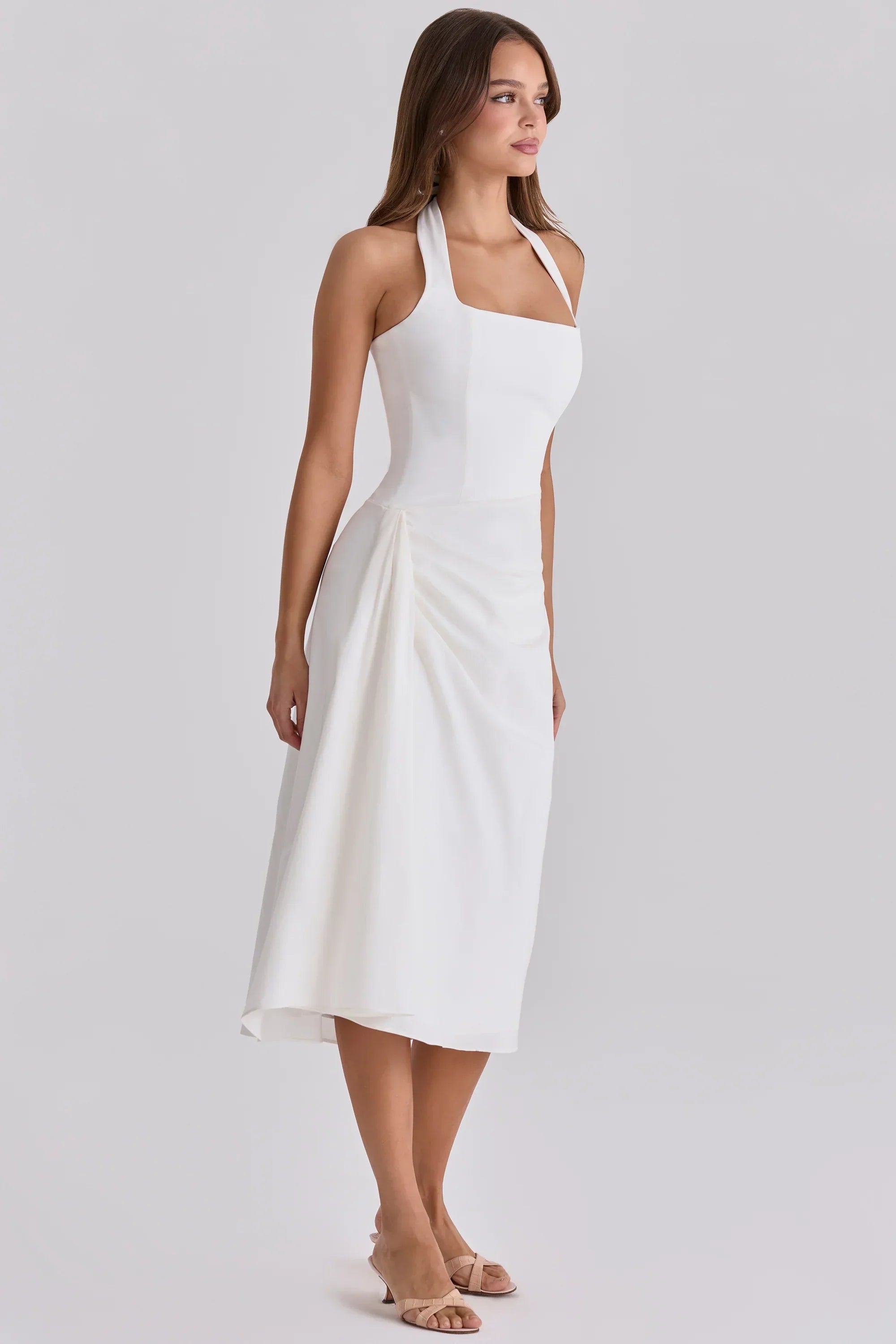 White Halter Neck Cotton Midi Dress