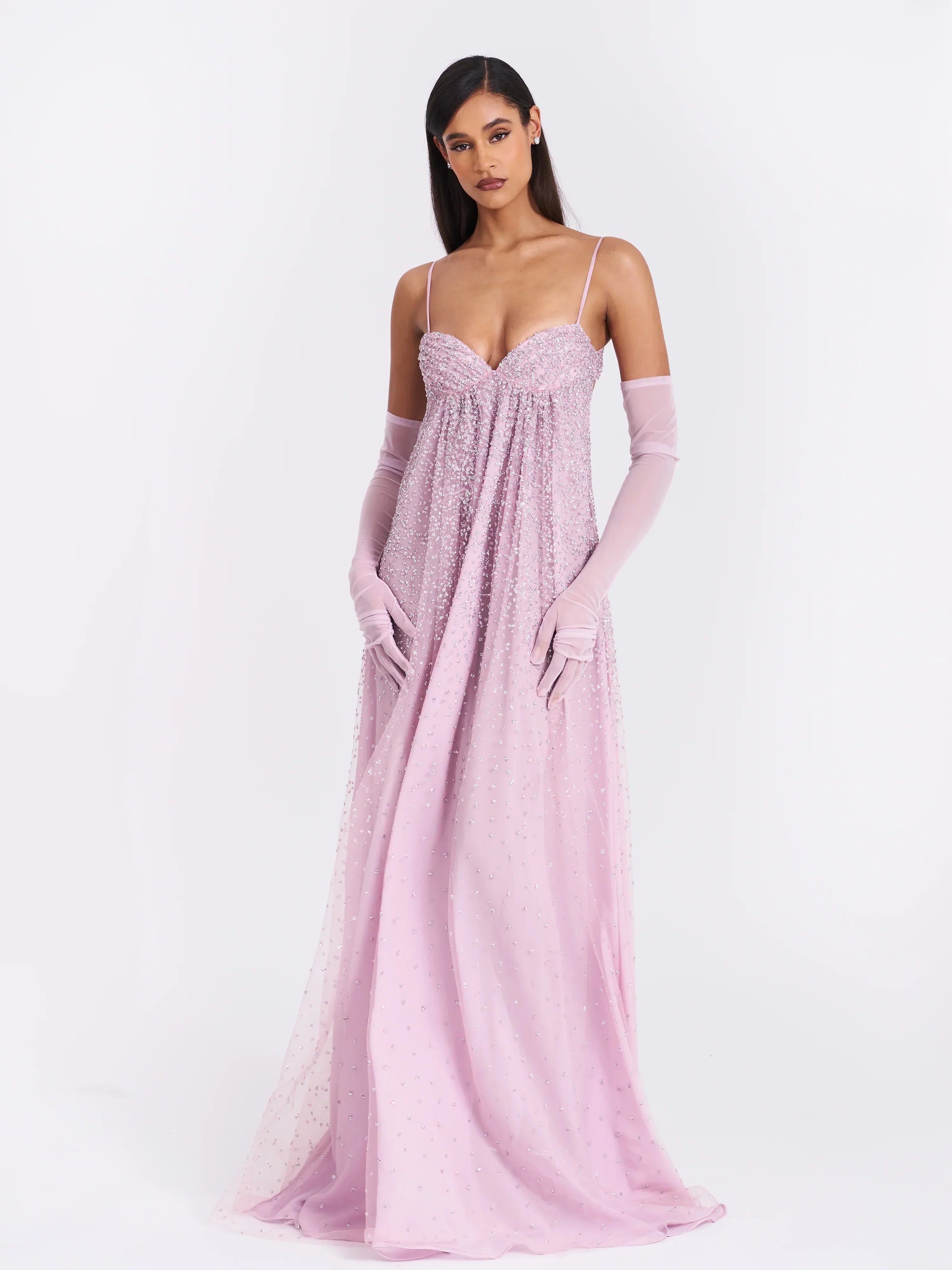 Wallie Pink Rhinestone Embellished Mesh Backless Gown