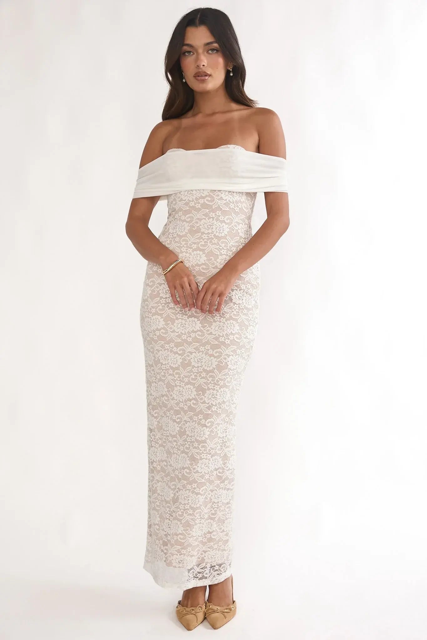 Jewelene Off-Shoulder Maxi Dress Lace White