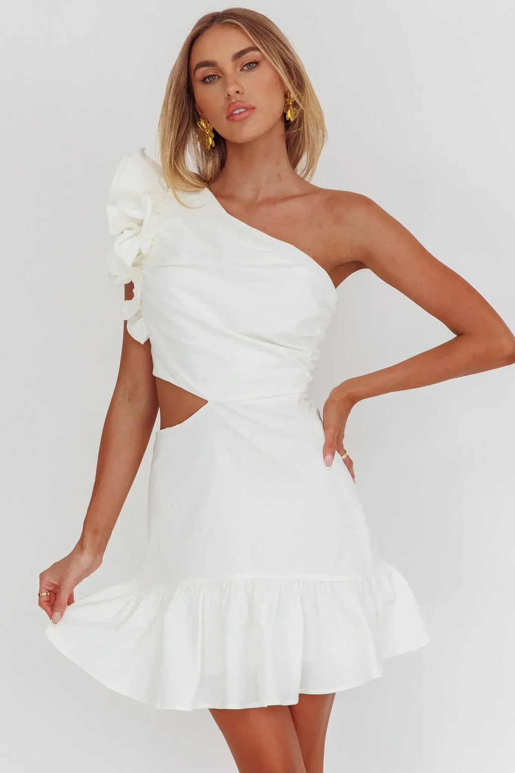 Deanna One-Shoulder Cut-Out Mini Dress White