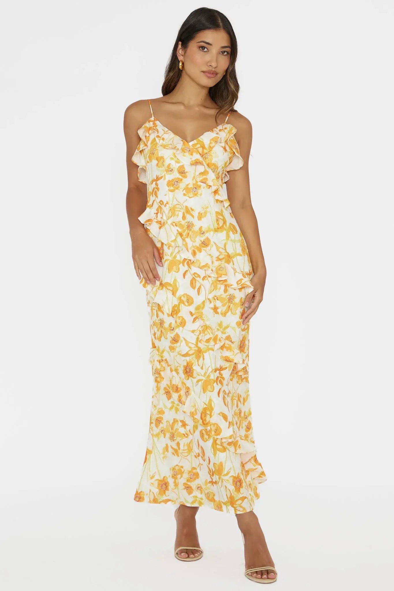 Silvana Frill Trim Midi Dress Floral Orange