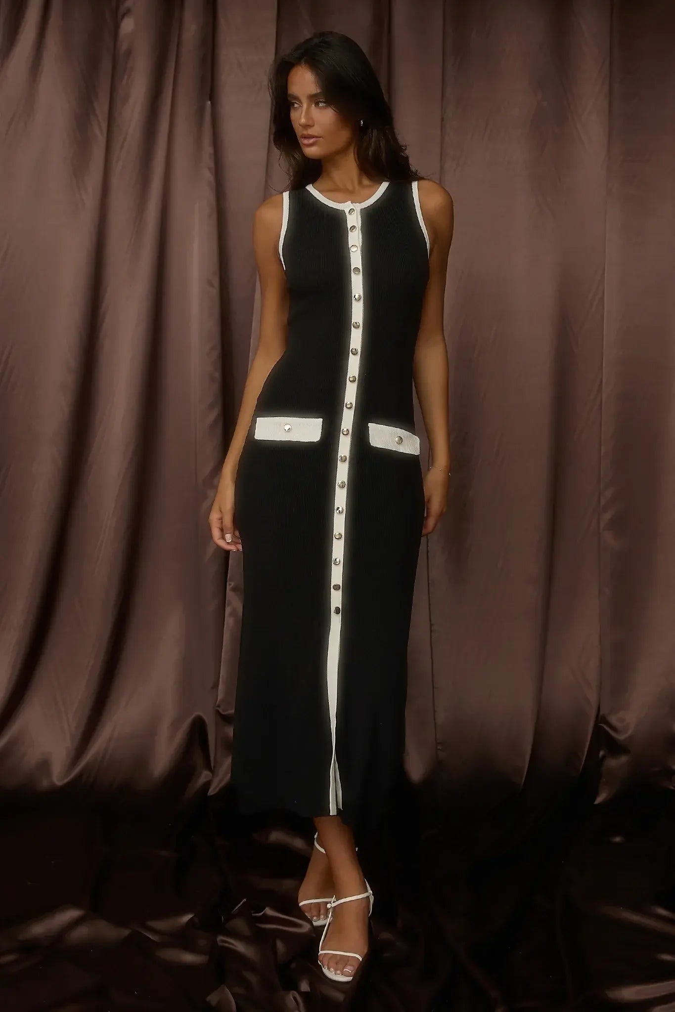 Thessa Faux Placket Knit Maxi Dress Black