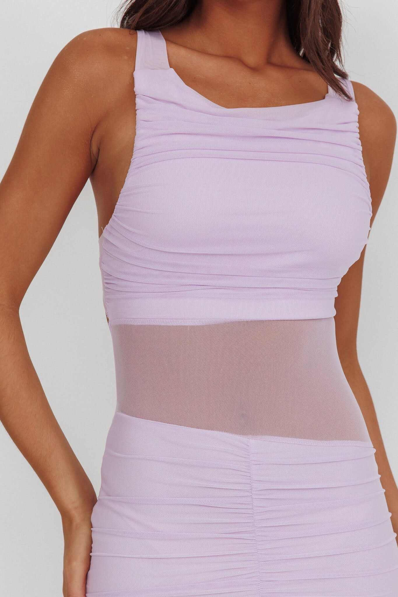 Sade Sheer Panel Ruched Maxi Dress Lilac
