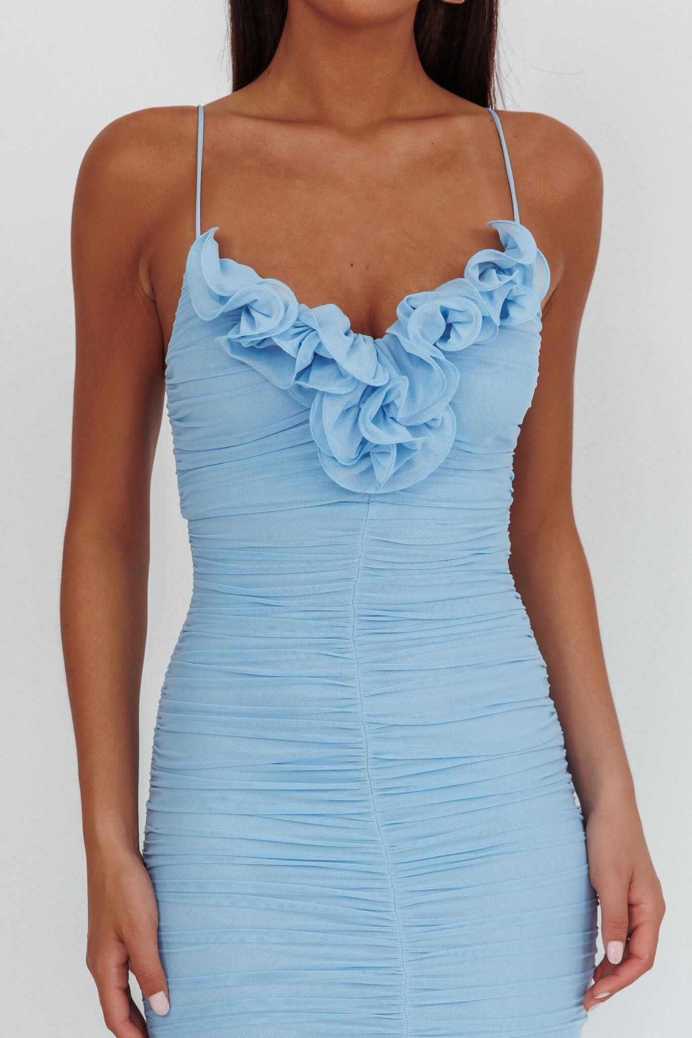 Nadia Ruffle Neckline Ruched Midi Dress Blue