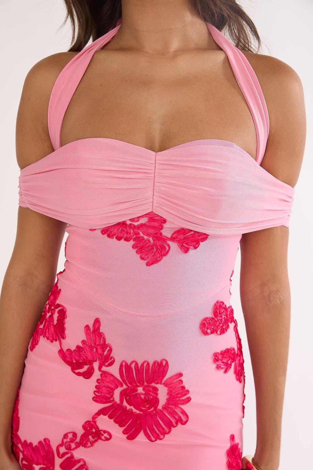 Fleurie Halter Off-Shoulder Maxi Dress Embellished Pink