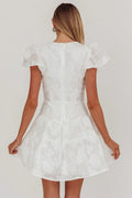 Irenna Ruffle Sleeve V-Neck Mini Dress Textured White