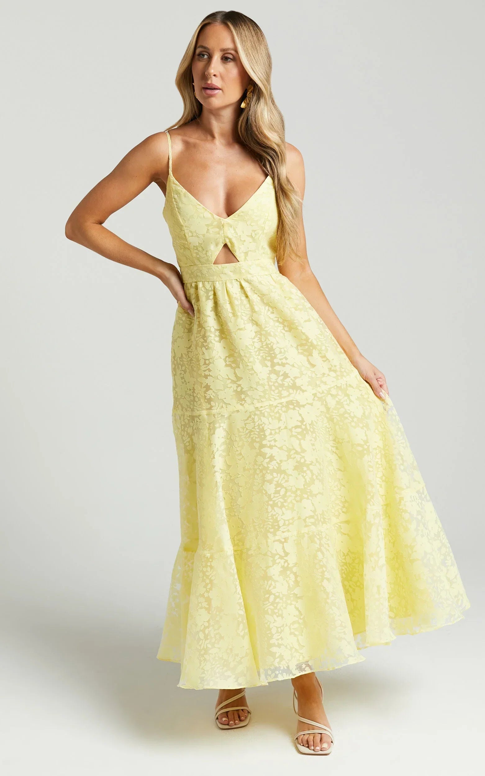 Jorie Midi Dress - Strappy Front Cut Out Tiered Skirt In Pastel Yellow