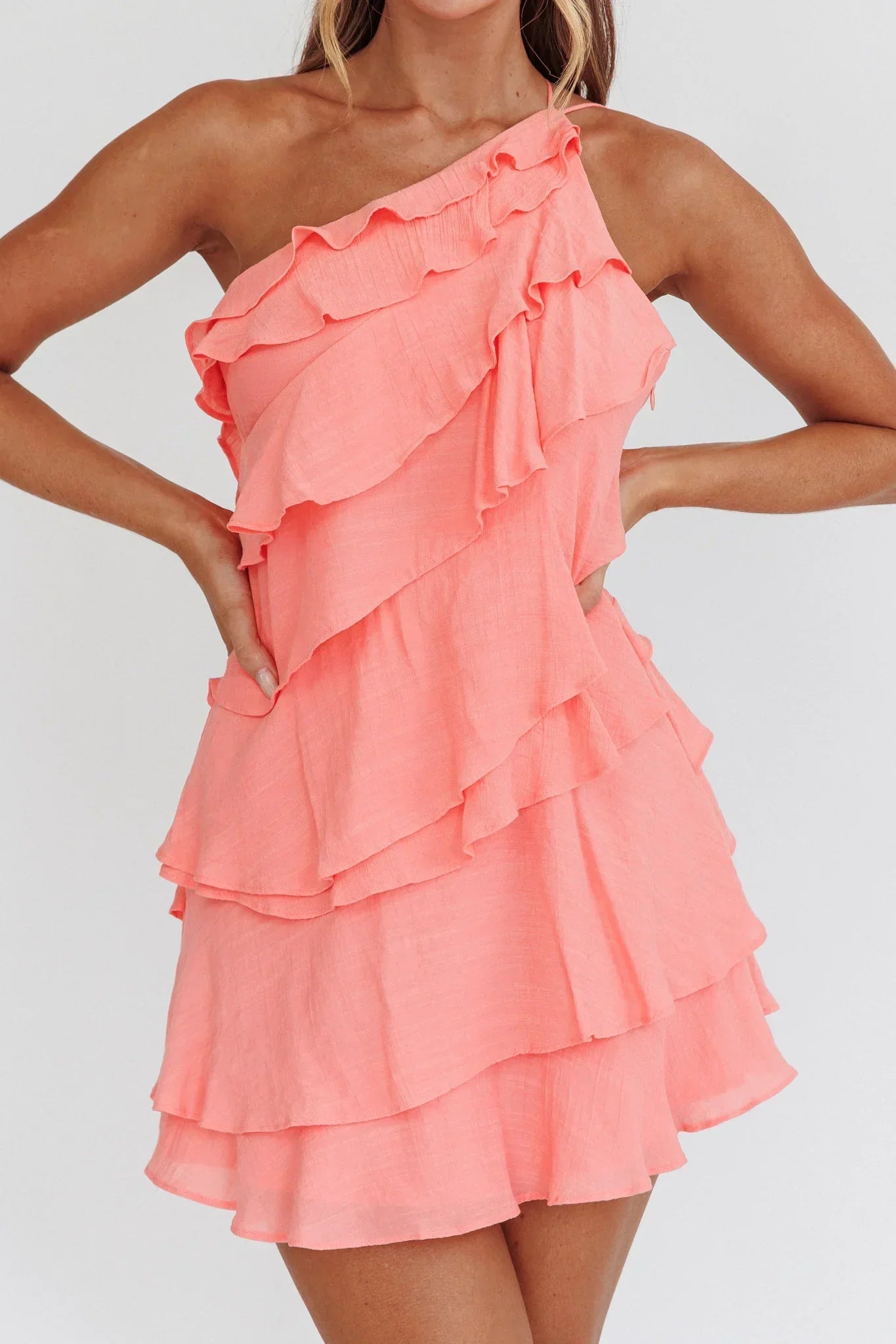 Arrabel Tiered Ruffle Mini Dress Peach