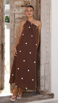 Nasira One Shoulder Maxi Dress - Chocolate / White Polka Dot