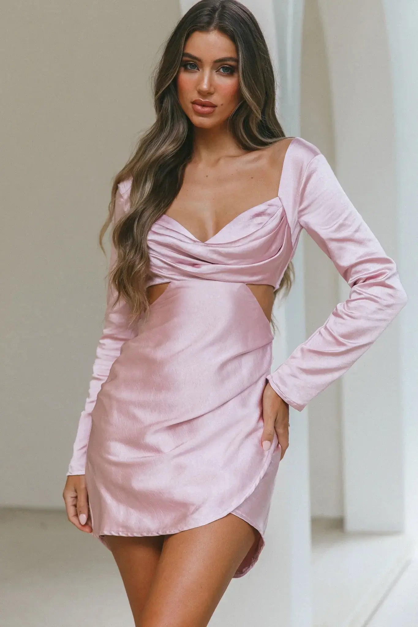 Shaken Not Stirred Cut-Out Waist Long Sleeve Pleat Mini Dress Blush