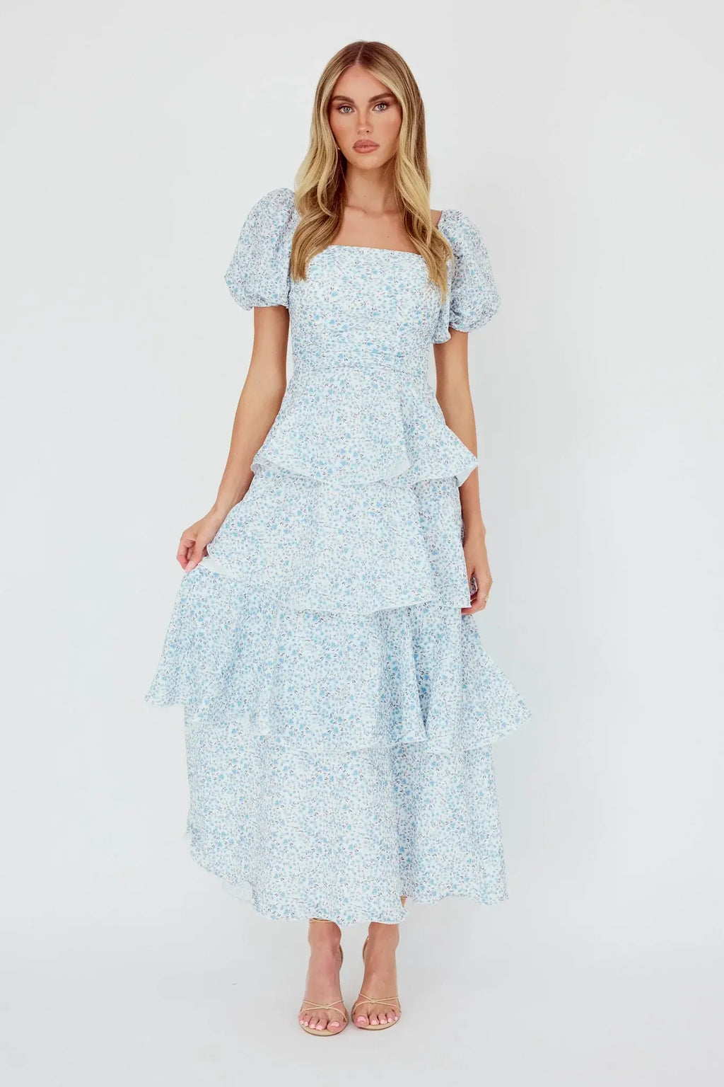 Giavana Puff Sleeve Layered Maxi Dress Floral Blue