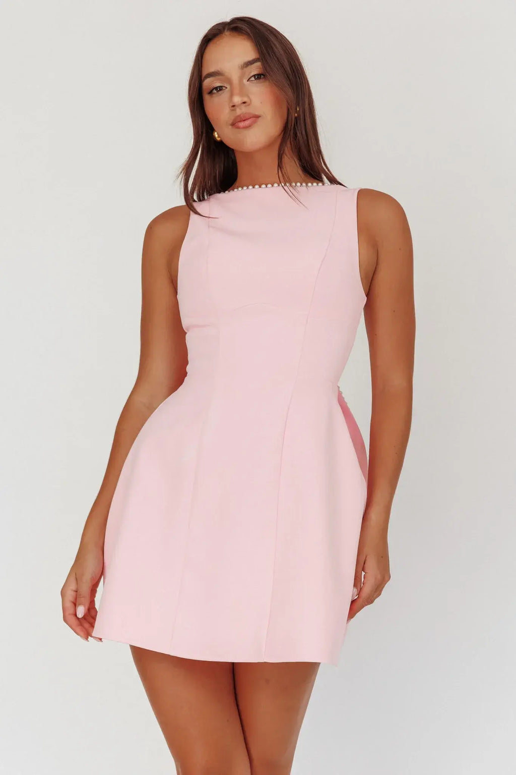 Opulent Pearl Trim Oversized Bow Mini Dress Pink