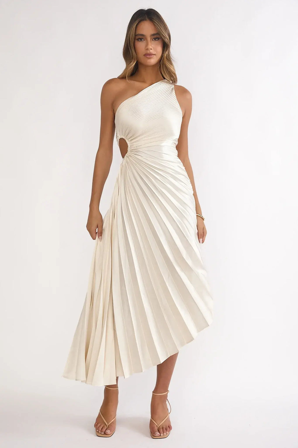 Brooklynn One-Shoulder Accordion Pleat Dress Champagne