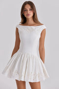 White Cotton Broderie Anglaise Boat Neck Mini Dress