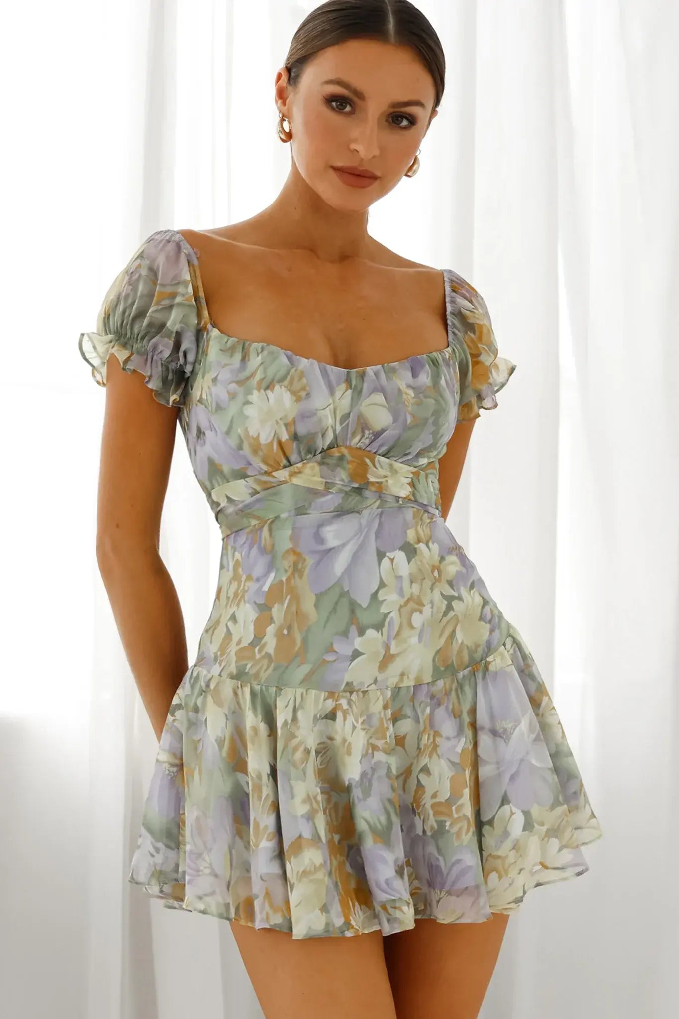 Linka Off-Shoulder Tie Back Fluted Hem Dress Floral Print Yellow