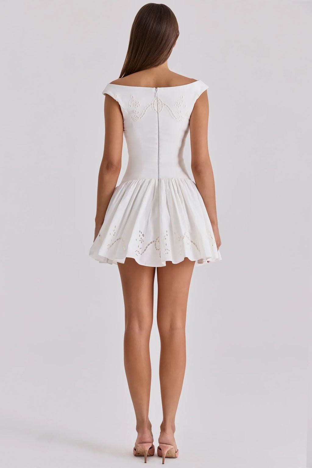 White Cotton Broderie Anglaise Boat Neck Mini Dress