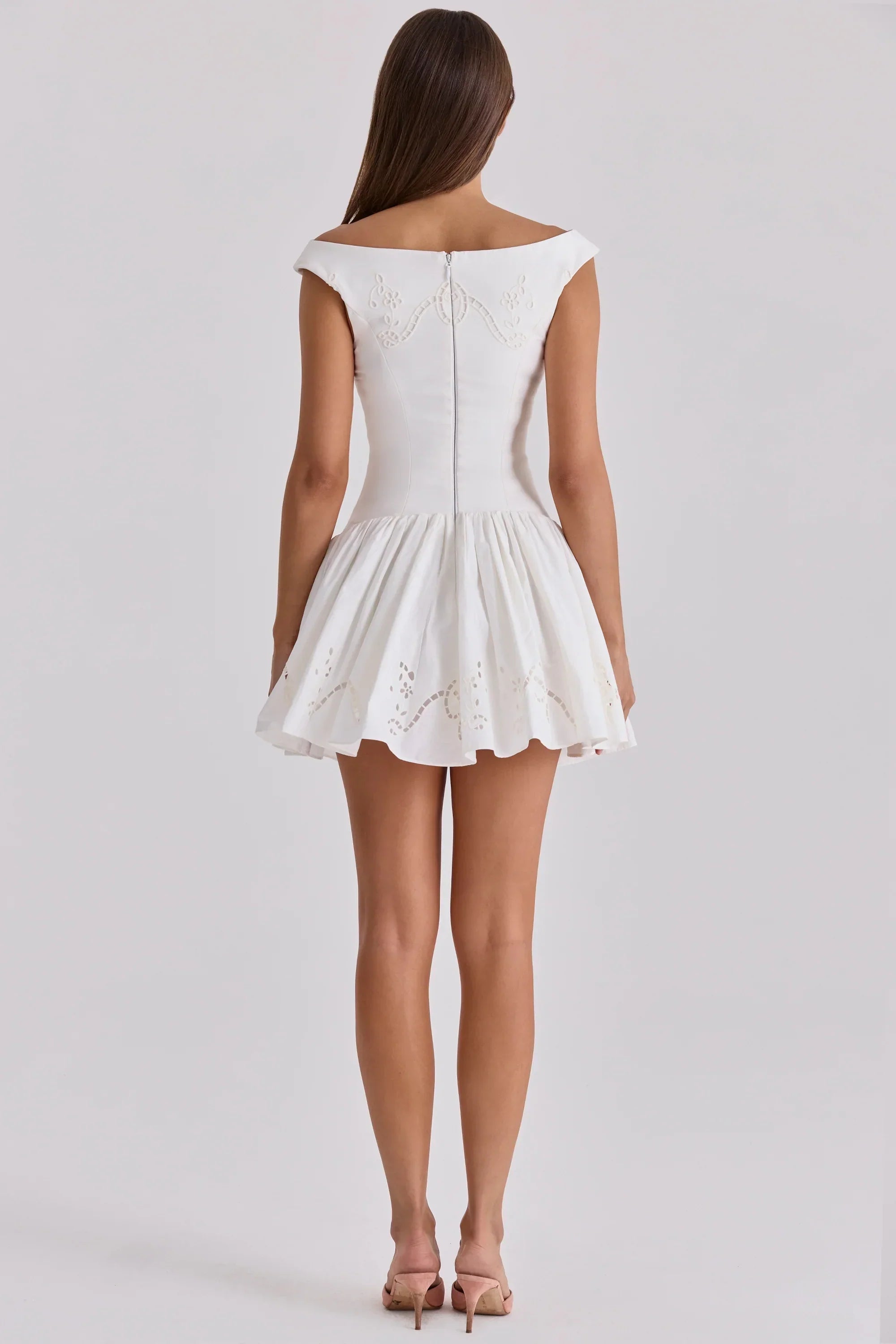 White Cotton Broderie Anglaise Boat Neck Mini Dress