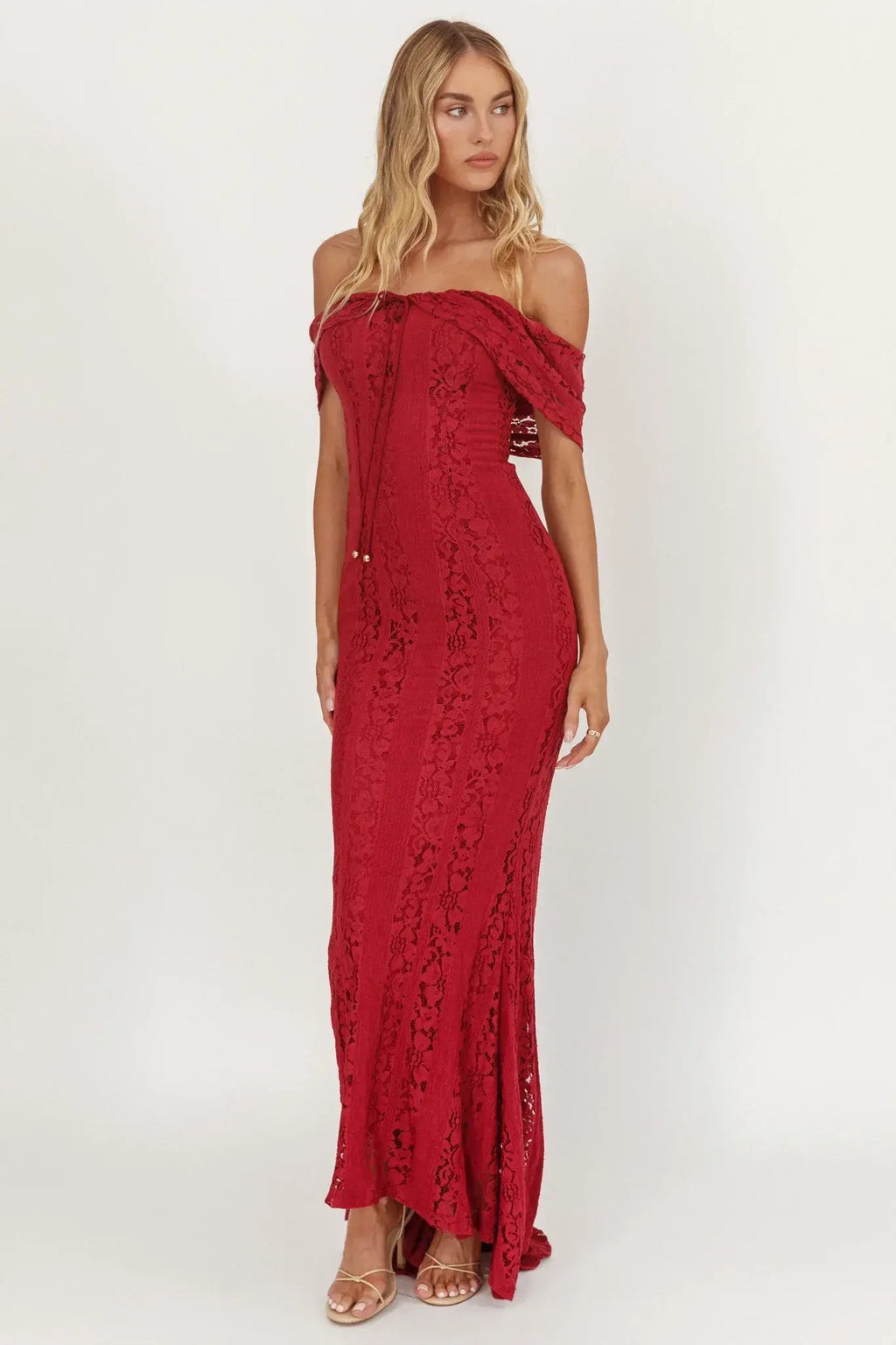 Enigma Off-Shoulder Maxi Dress Lace Wine