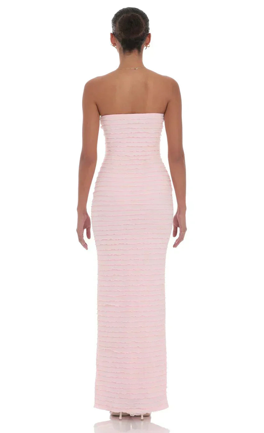 Strapless Ruffle Maxi Dress In Pink