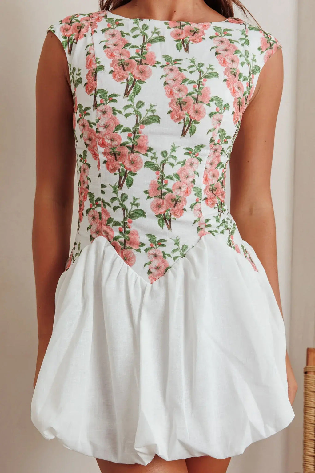 Gracelina Cap Sleeve Bubble Hem Mini Dress Floral Pink