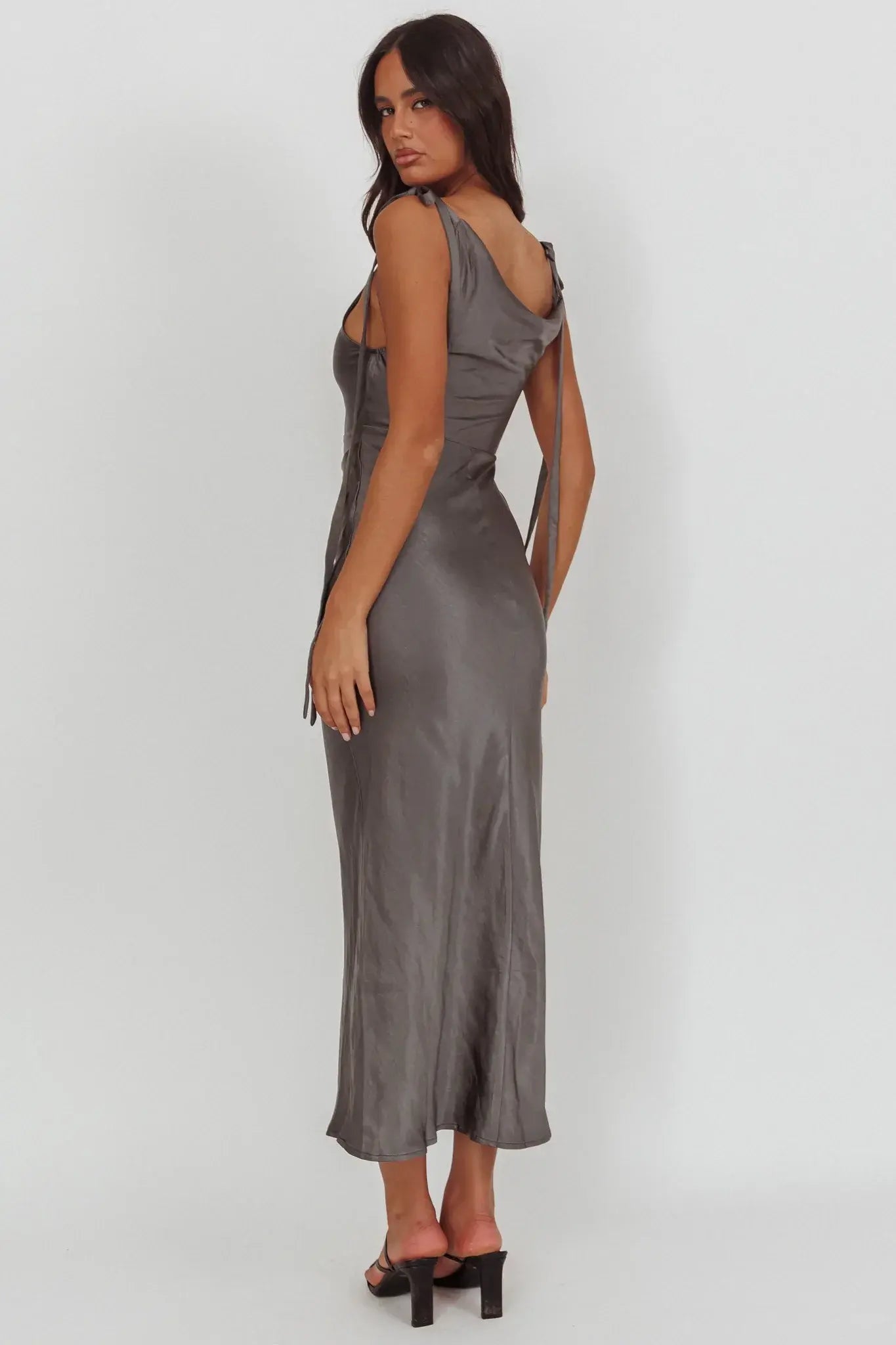 Glory Day Tied Shoulder Cowl Maxi Dress Charcoal