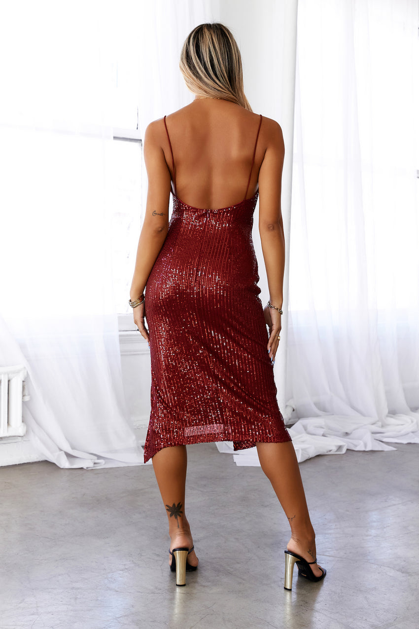 Quiet Dancer Sequin Midi Dress Wine