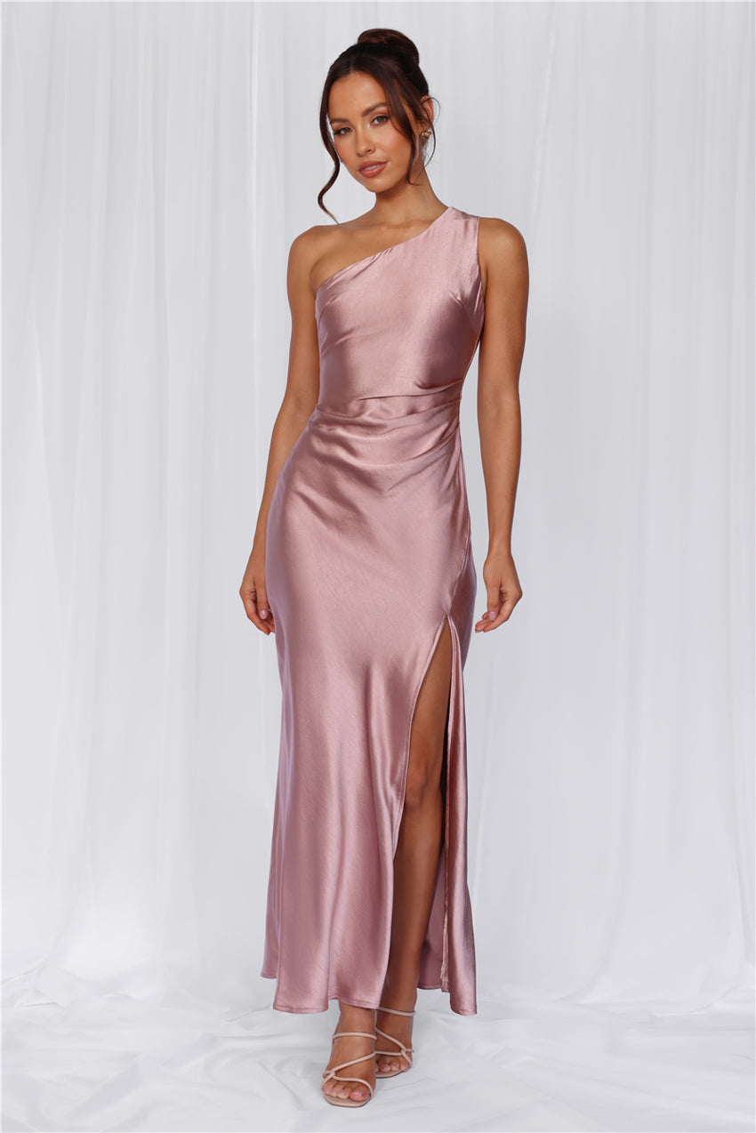 The Aurora One Shoulder Satin Maxi Dress Dusty Pink