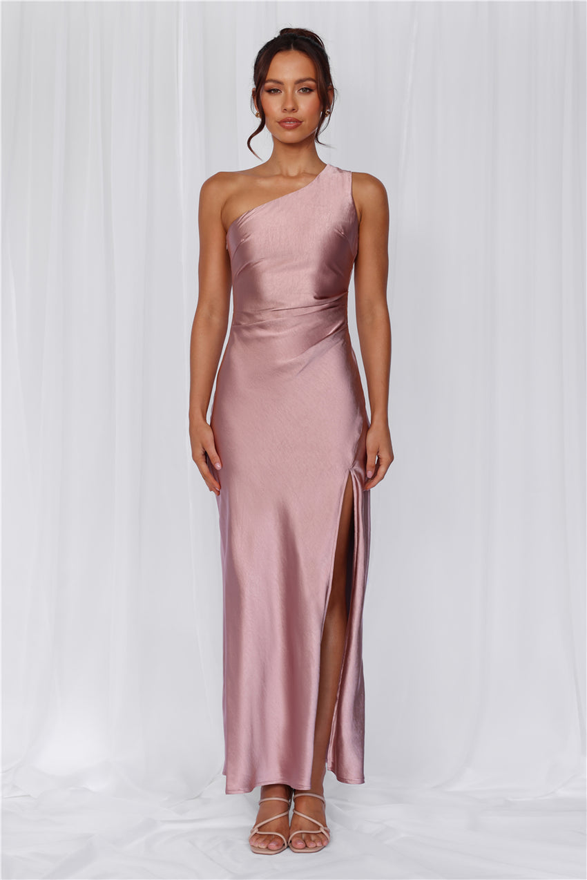 The Aurora One Shoulder Satin Maxi Dress Dusty Pink