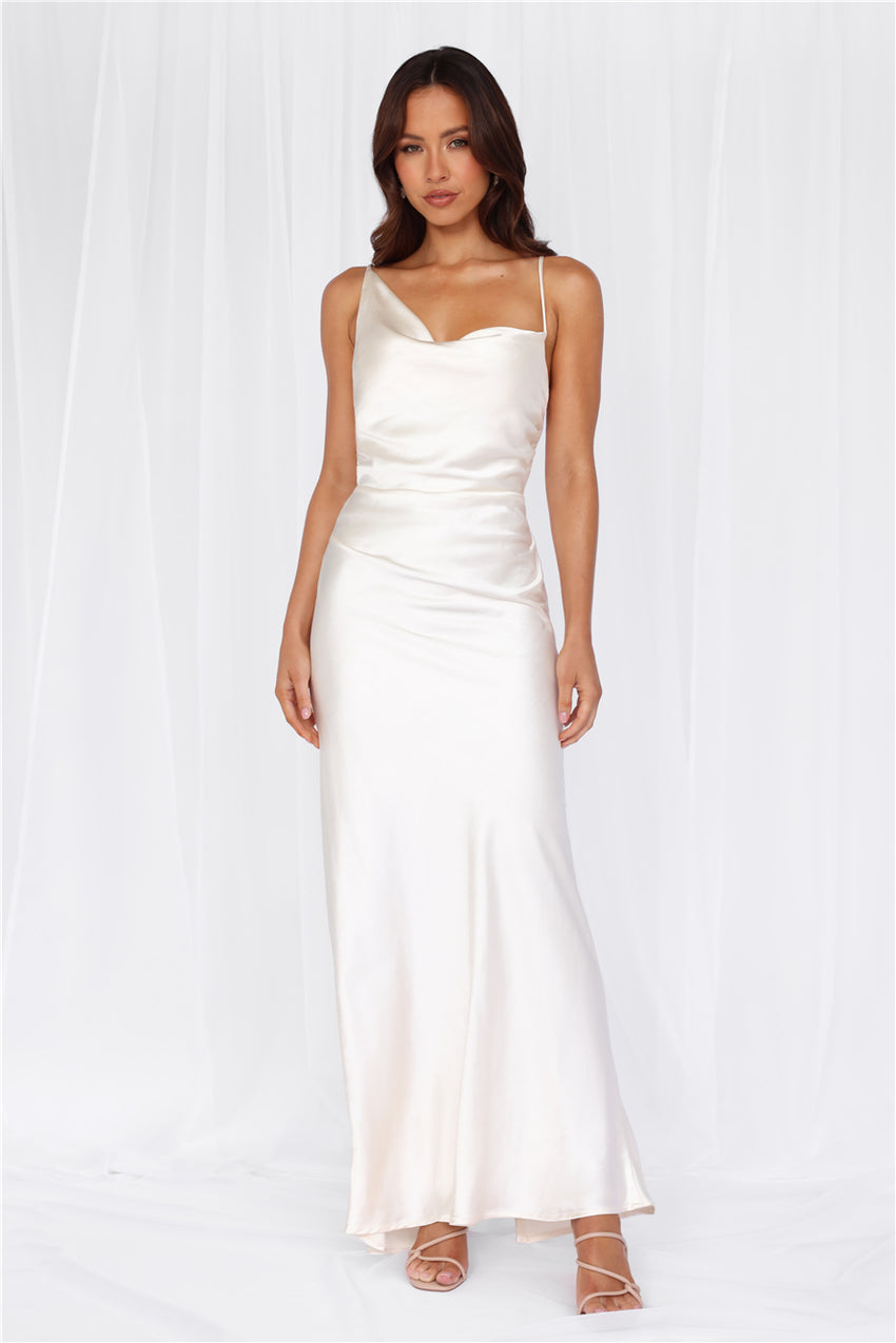 The Madeline Cowl Satin Maxi Dress Pearl