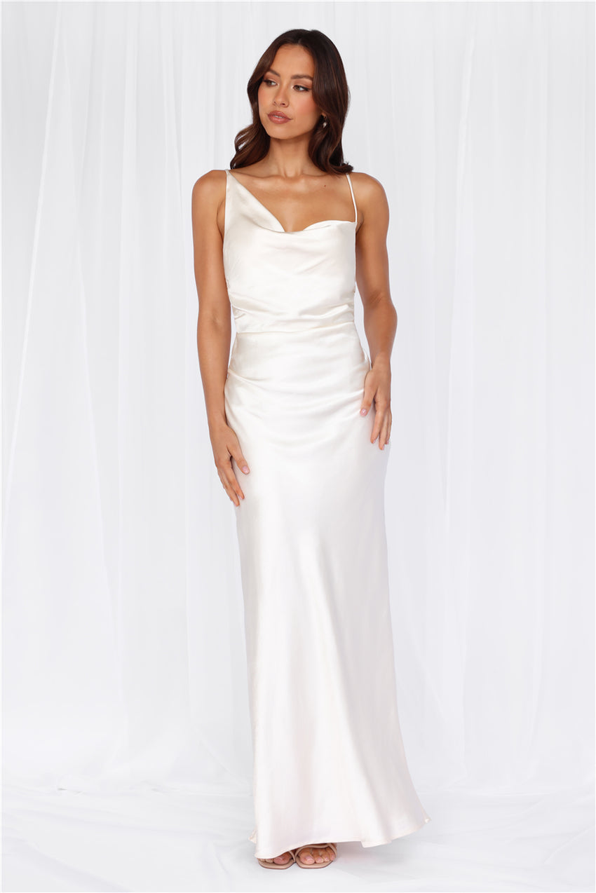 The Madeline Cowl Satin Maxi Dress Pearl