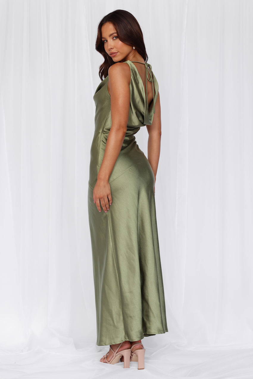 The Loretta Cowl Satin Maxi Dress Olive