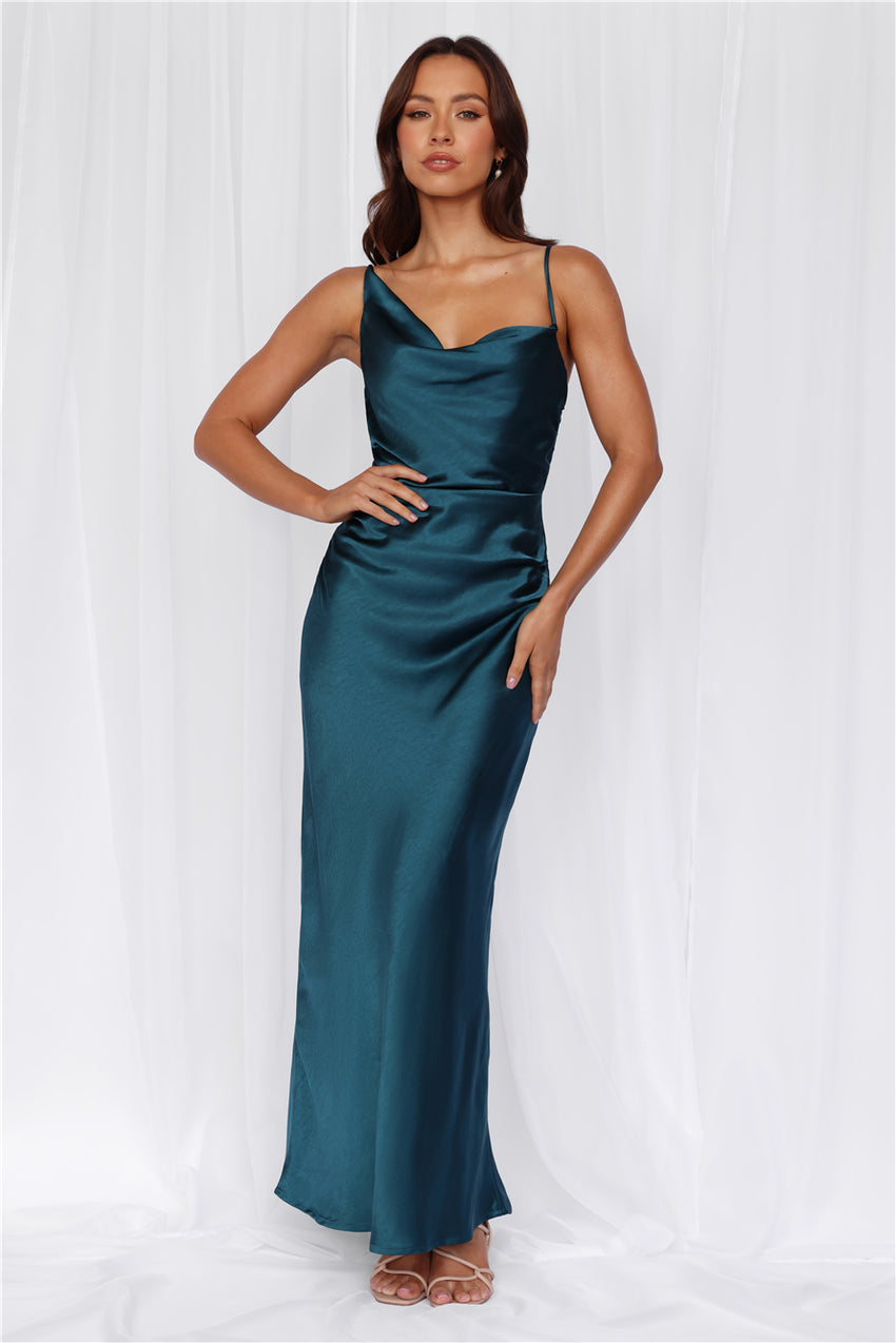 The Madeline Cowl Satin Maxi Dress Teal