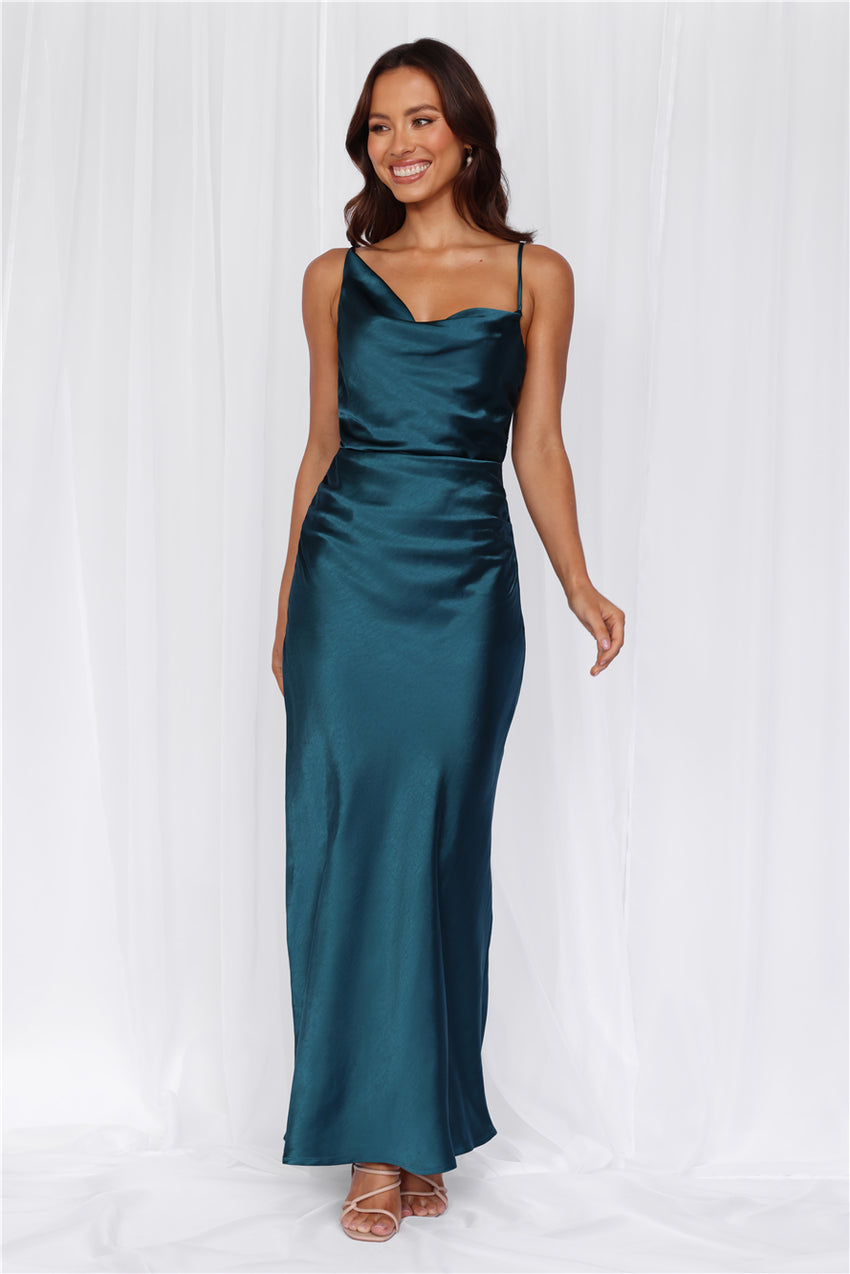 The Madeline Cowl Satin Maxi Dress Teal