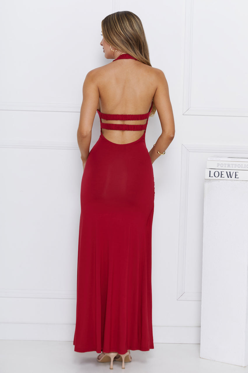 Up To Mischief Halter Maxi Dress Maroon